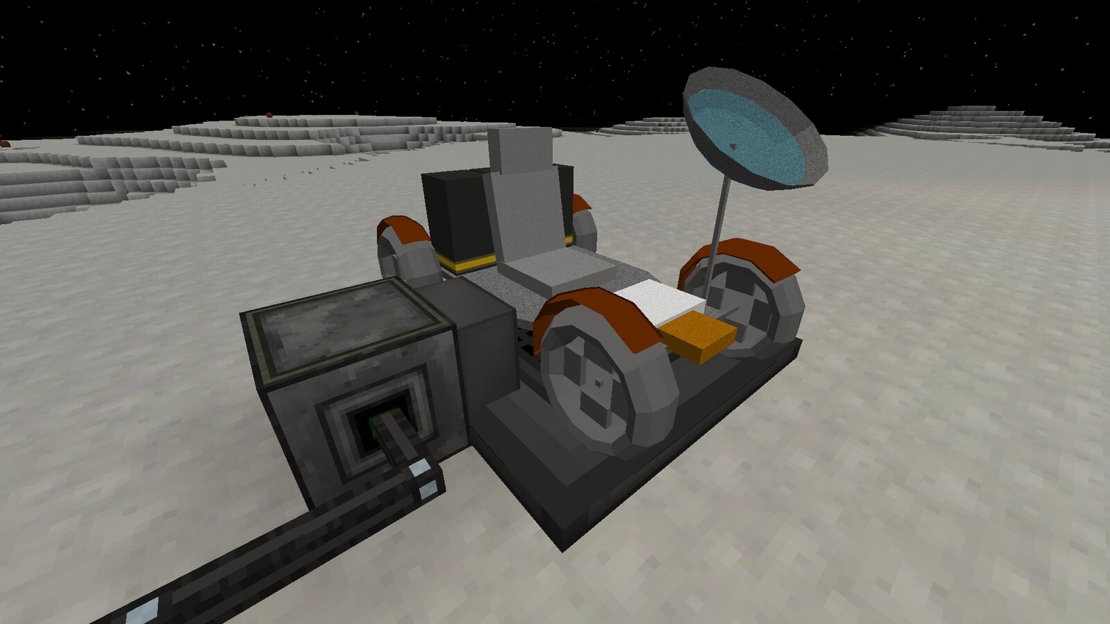 A rover on the lunar surface, built using the Galacticraft Minecraft mod