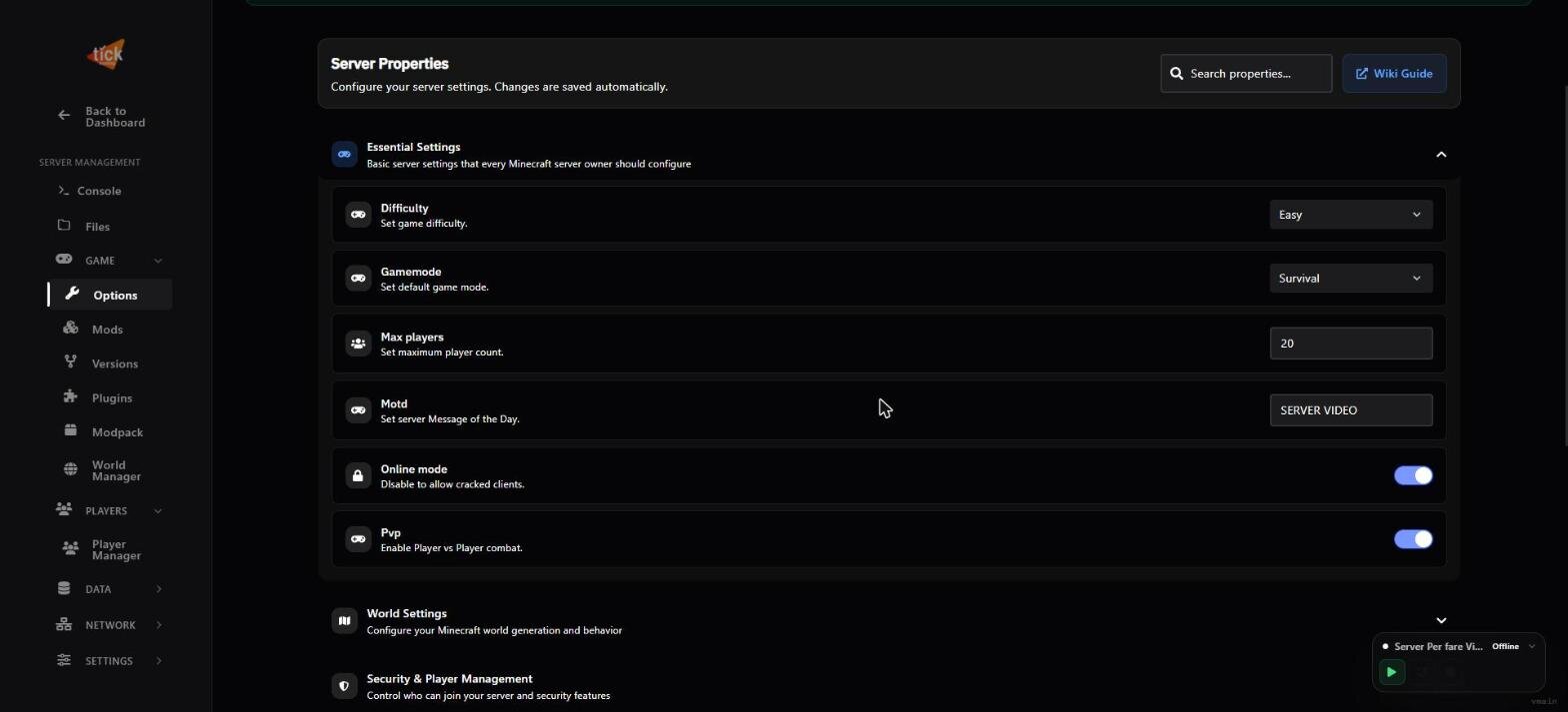 The Online Mode toggle in Tick Hosting's server properties panel