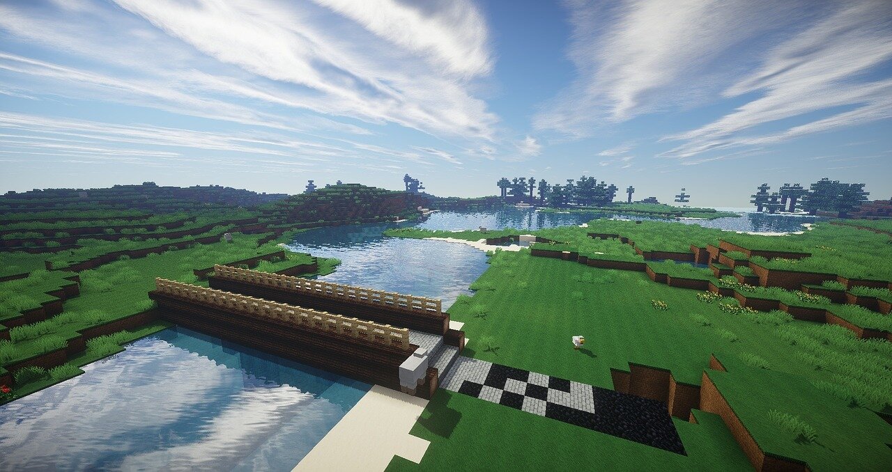 A wooden bridge crossing a calm river in Minecraft under a clear sky