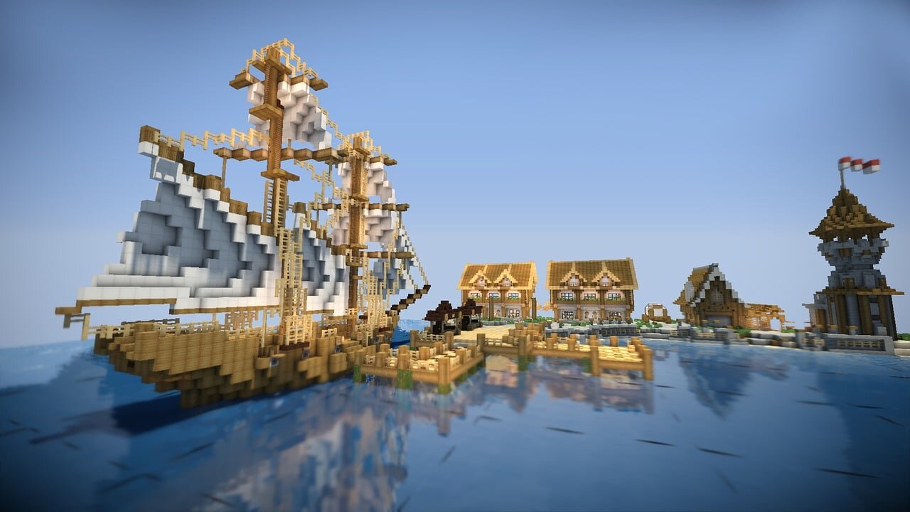A large wooden sailing ship docked at a Minecraft harbor town