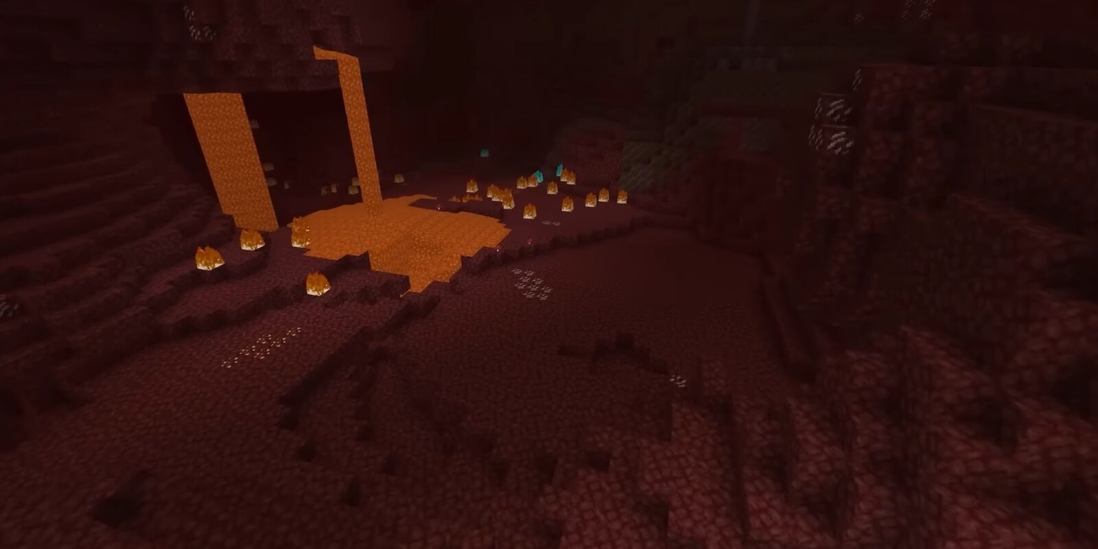 A glowing Nether landscape in Minecraft, lit by fire and lava